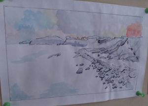 Seashore during golden hour watercolor painting