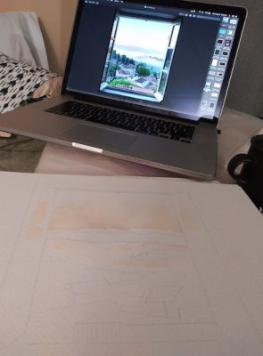 watercolor painting of window looking out into a valley