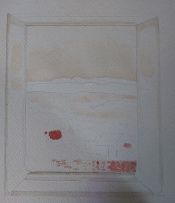 watercolor painting of window looking out into a valley