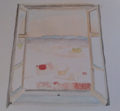 watercolor painting of window looking out into a valley