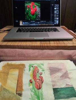 Field of red, yellow and oragne tulips beginning of a watercolor painting