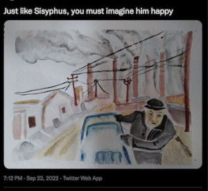 Man pushing a cart on a dirt road with birck smoke stacks in the distance